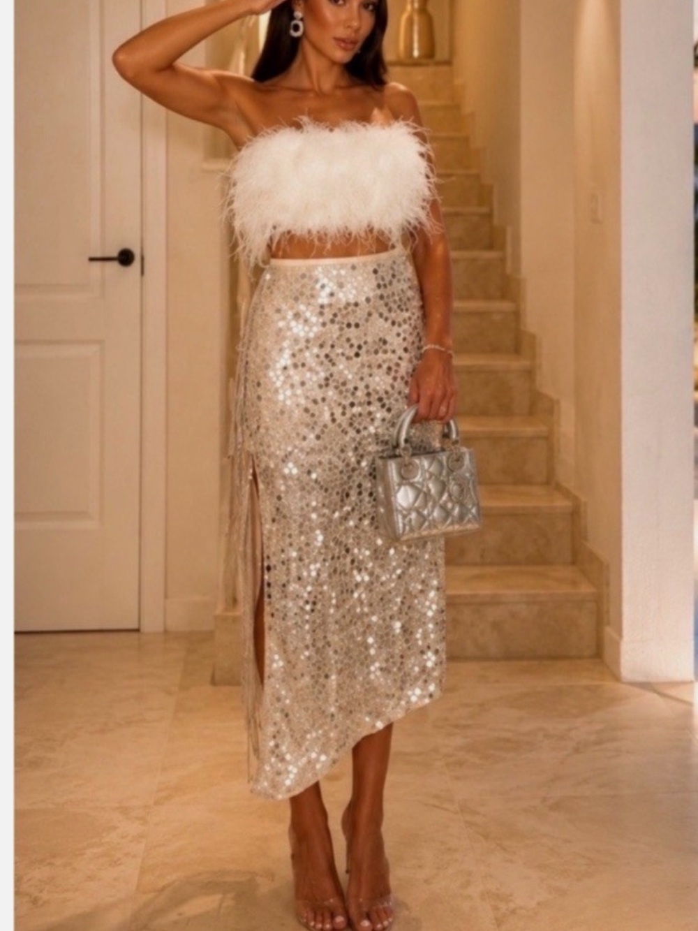 Zara Sequin High-Low Midi Skirt in Champagne Silver